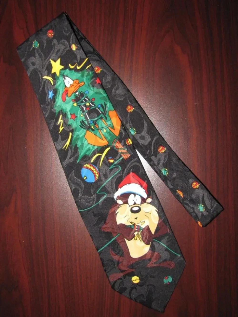 Looney Tunes Mania Christmas Mens Tie Black Taz Tasmanian Devil with Daffy Duck